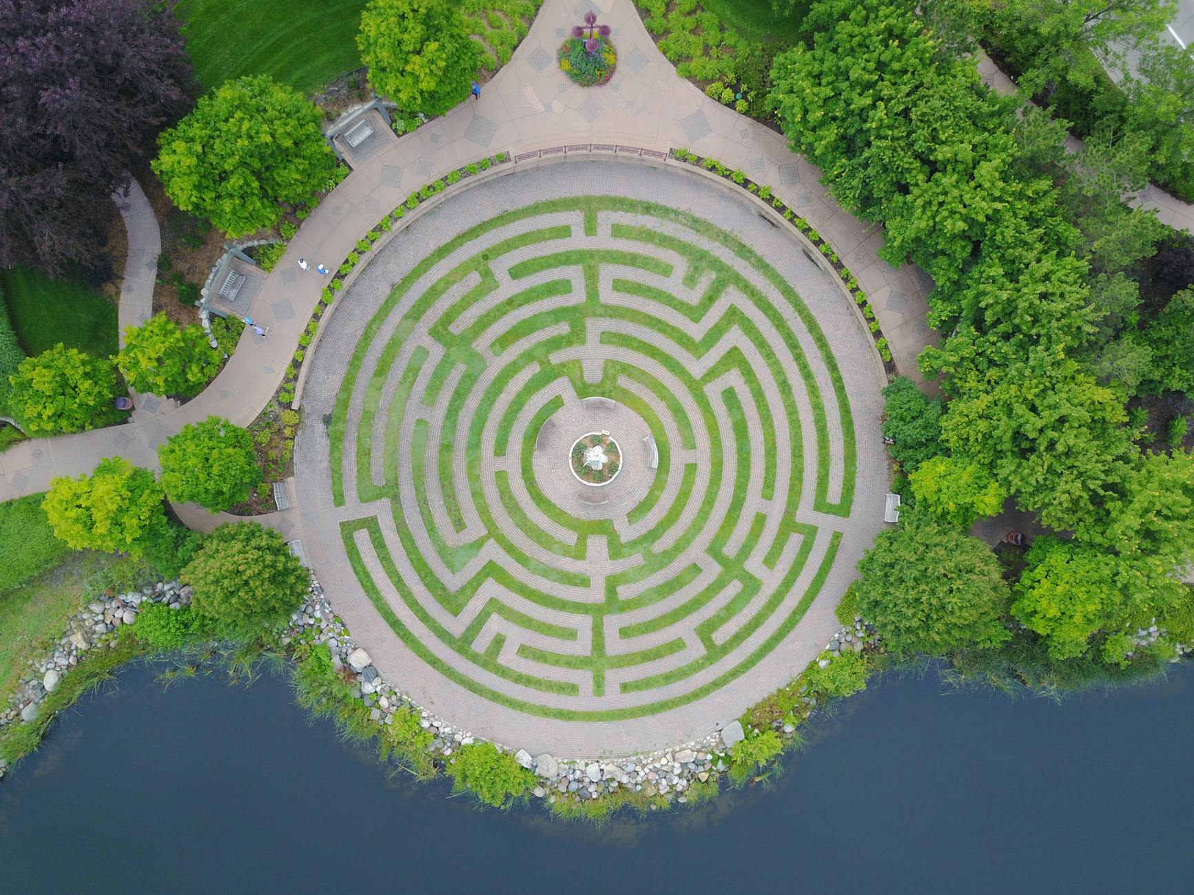 aerial view of circular garden maze in park