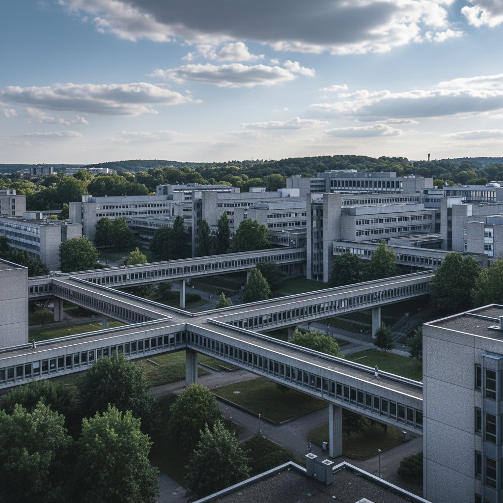 Ein weitläufiger Universitätskomplex aus Betongebäuden, die durch erhöhte, verglaste Fußgängerbrücken kreuzförmig miteinander verbunden sind.